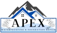 Logo for Apex Waterproofing & Foundation Repair: blue roof, mountain, brick border, text "APEX".