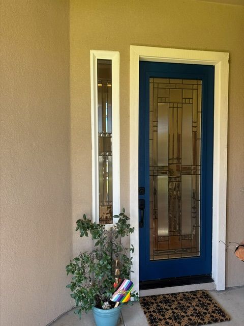 Blue front door with stained glass and sidelight, white trim, and potted plant on a beige wall.