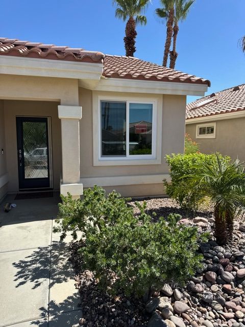 Beige house exterior with a white-framed window, a black door, and palm trees in the background.