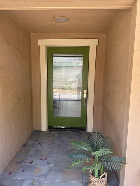 Green front door with white trim in an alcove, potted plant on the floor.