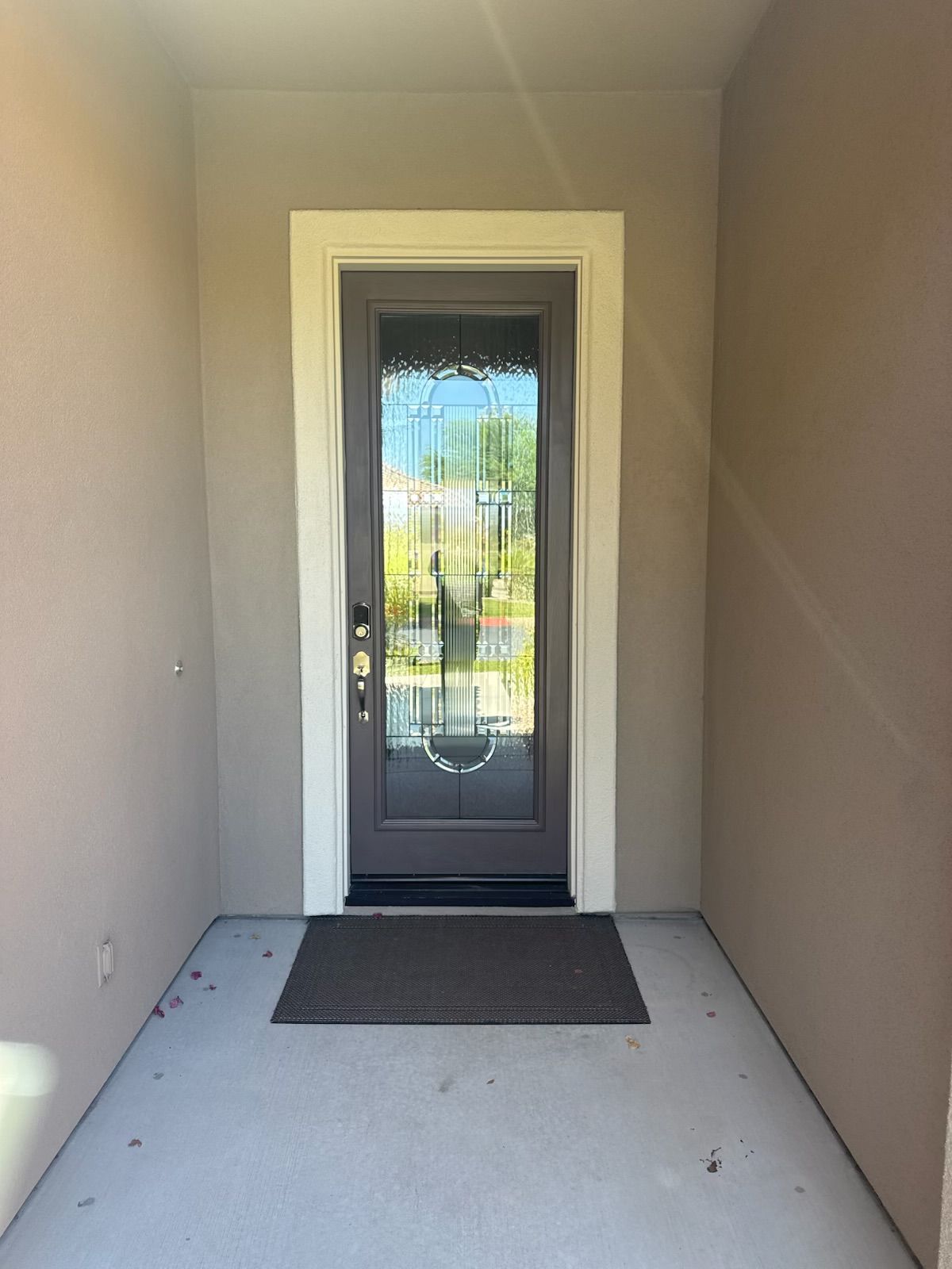 Entryway with brown door and glass panel, beige walls, white trim, and dark doormat.