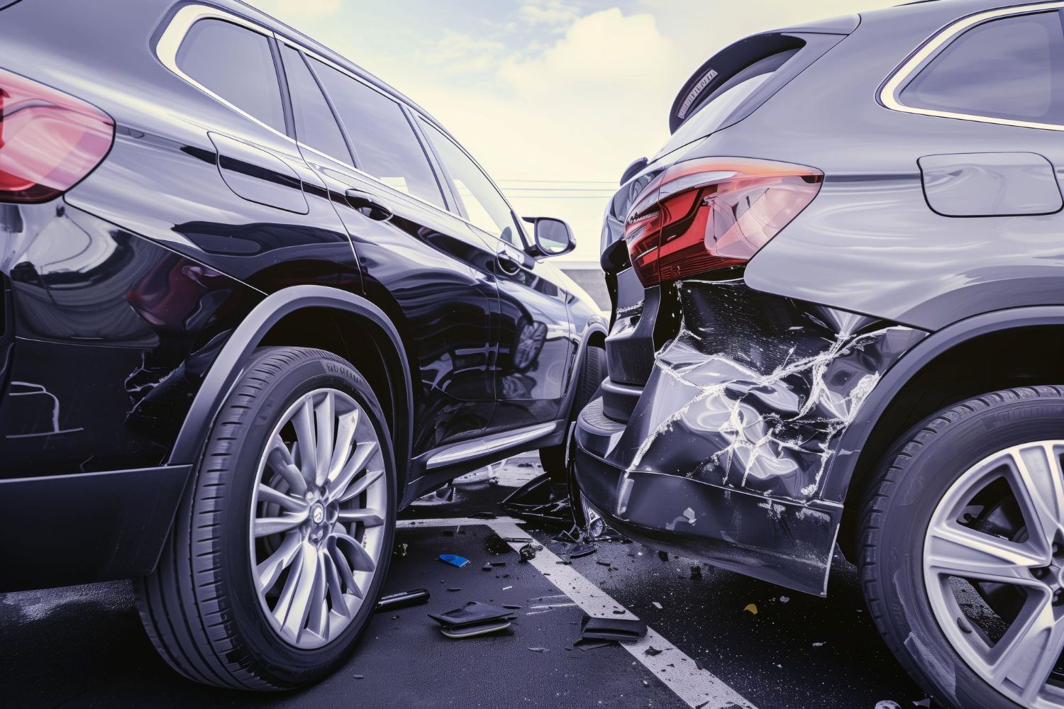 Two dark cars with rear-end collision damage on a road, close together at the bumper area