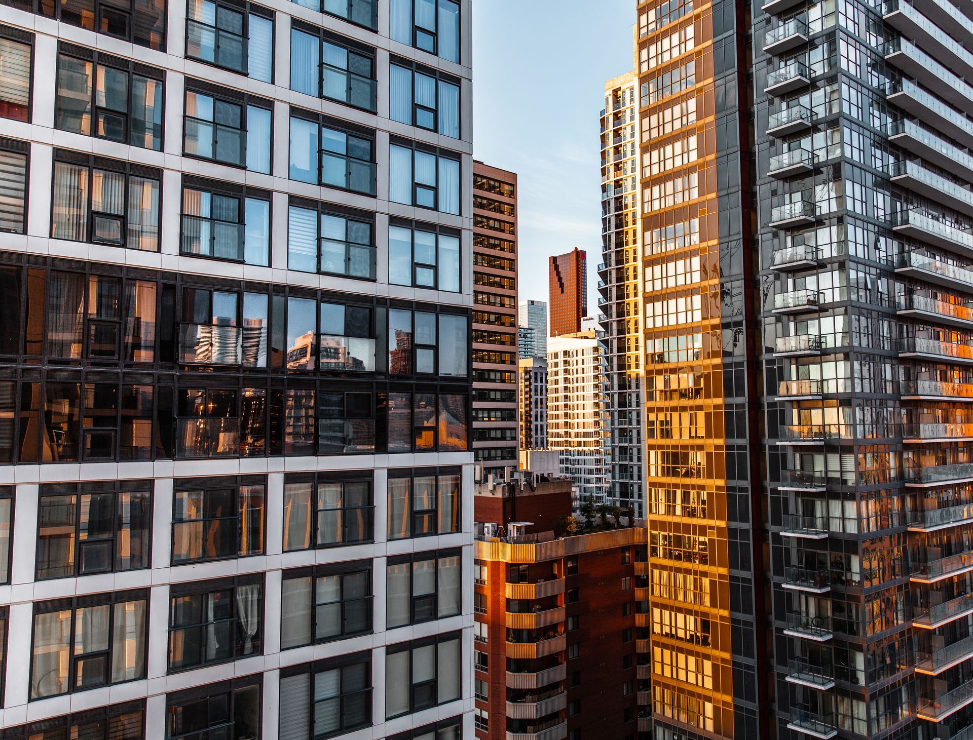 A cityscape with a lot of tall buildings and a lot of windows.