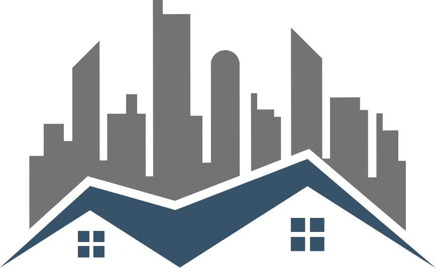 A silhouette of a city skyline with a house in the foreground.