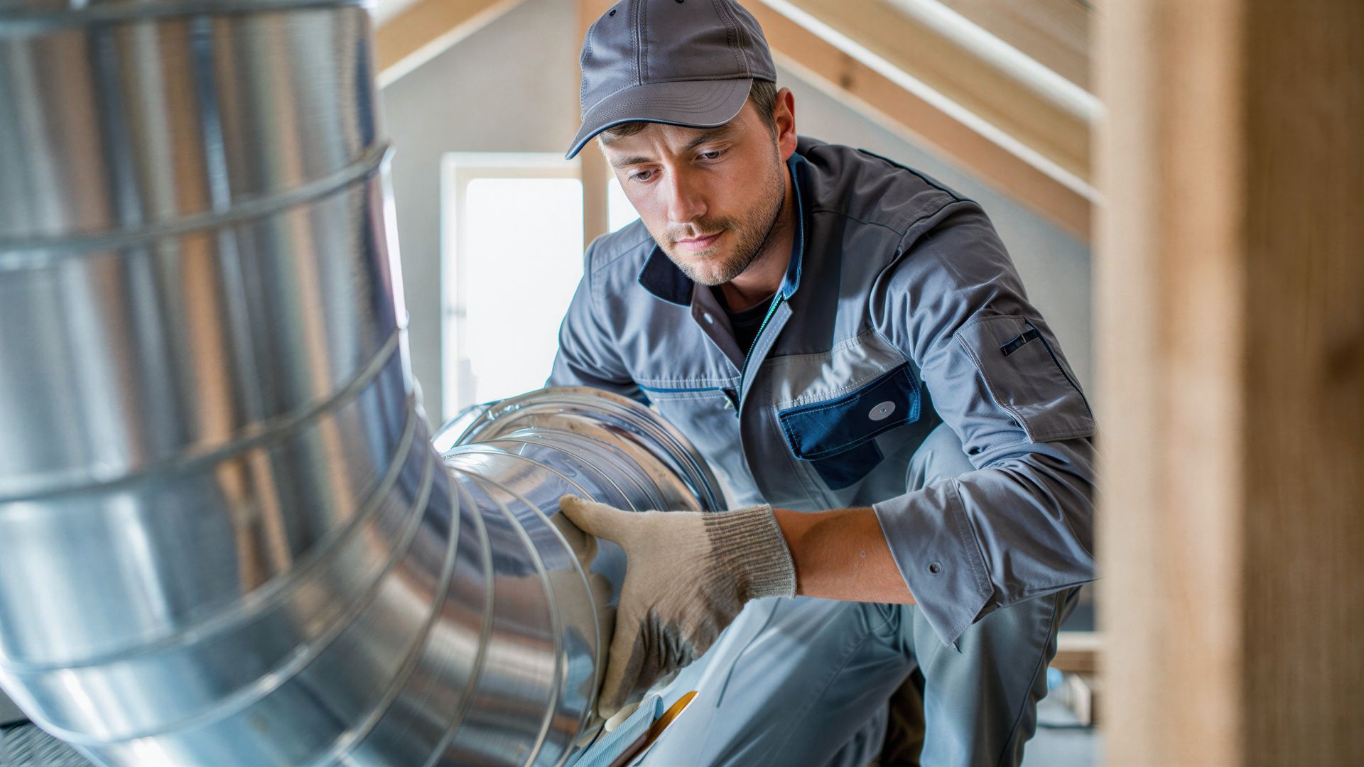 Skilled HVAC technician installing metal ductwork in attic.