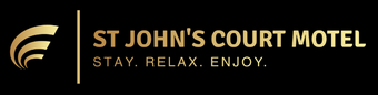 a black and gold logo for st john 's court motel