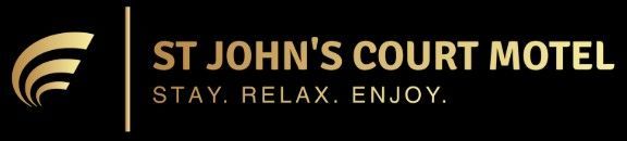 The logo for st john 's court motel says stay relax enjoy