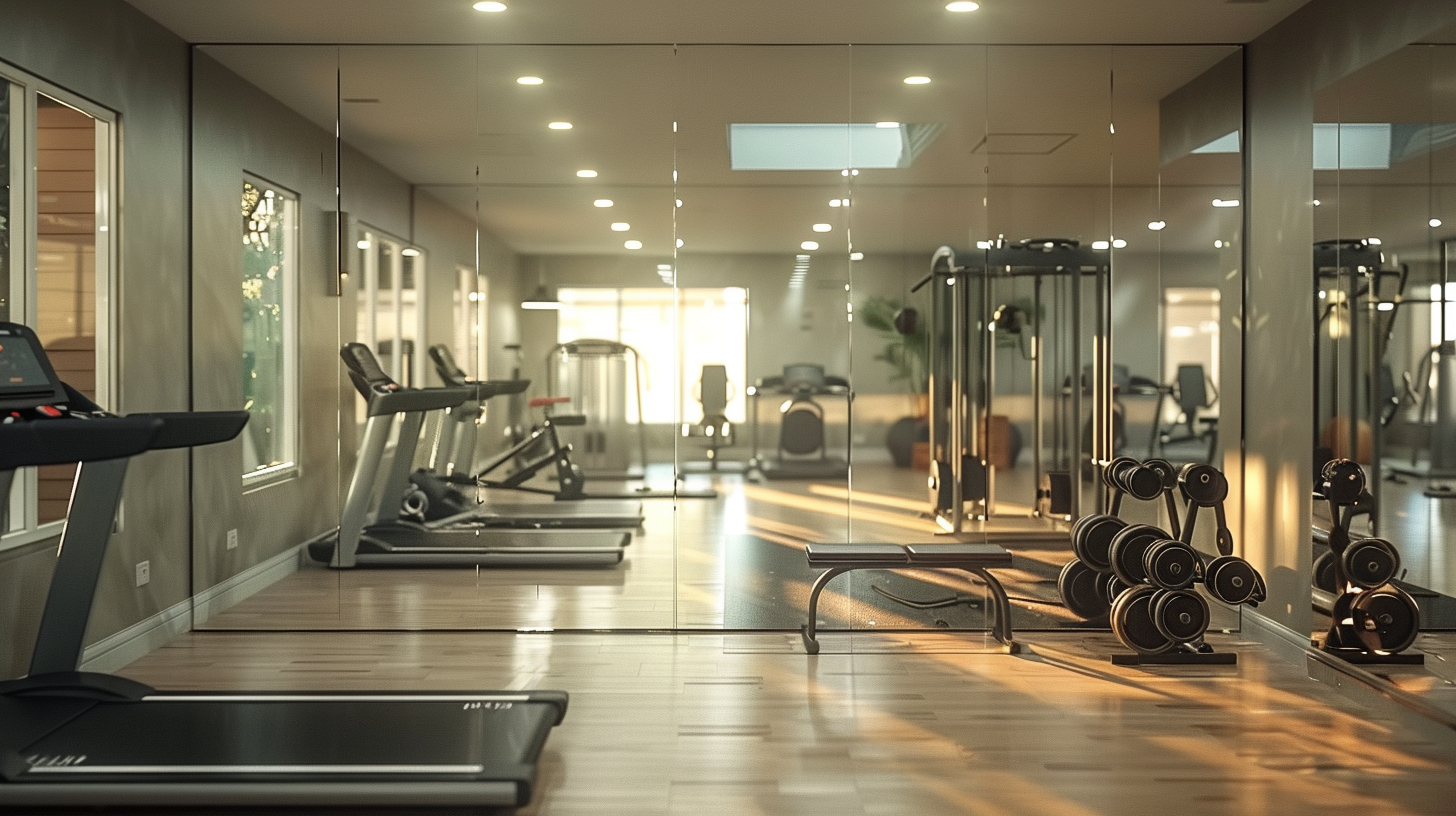 An artist 's impression of a gym with treadmills , dumbbells , and a bench.