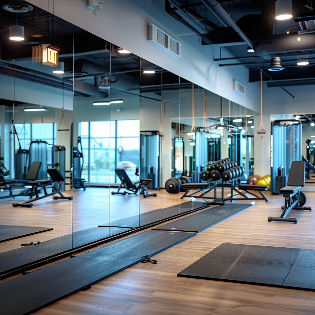 A gym with a lot of mirrors and exercise equipment