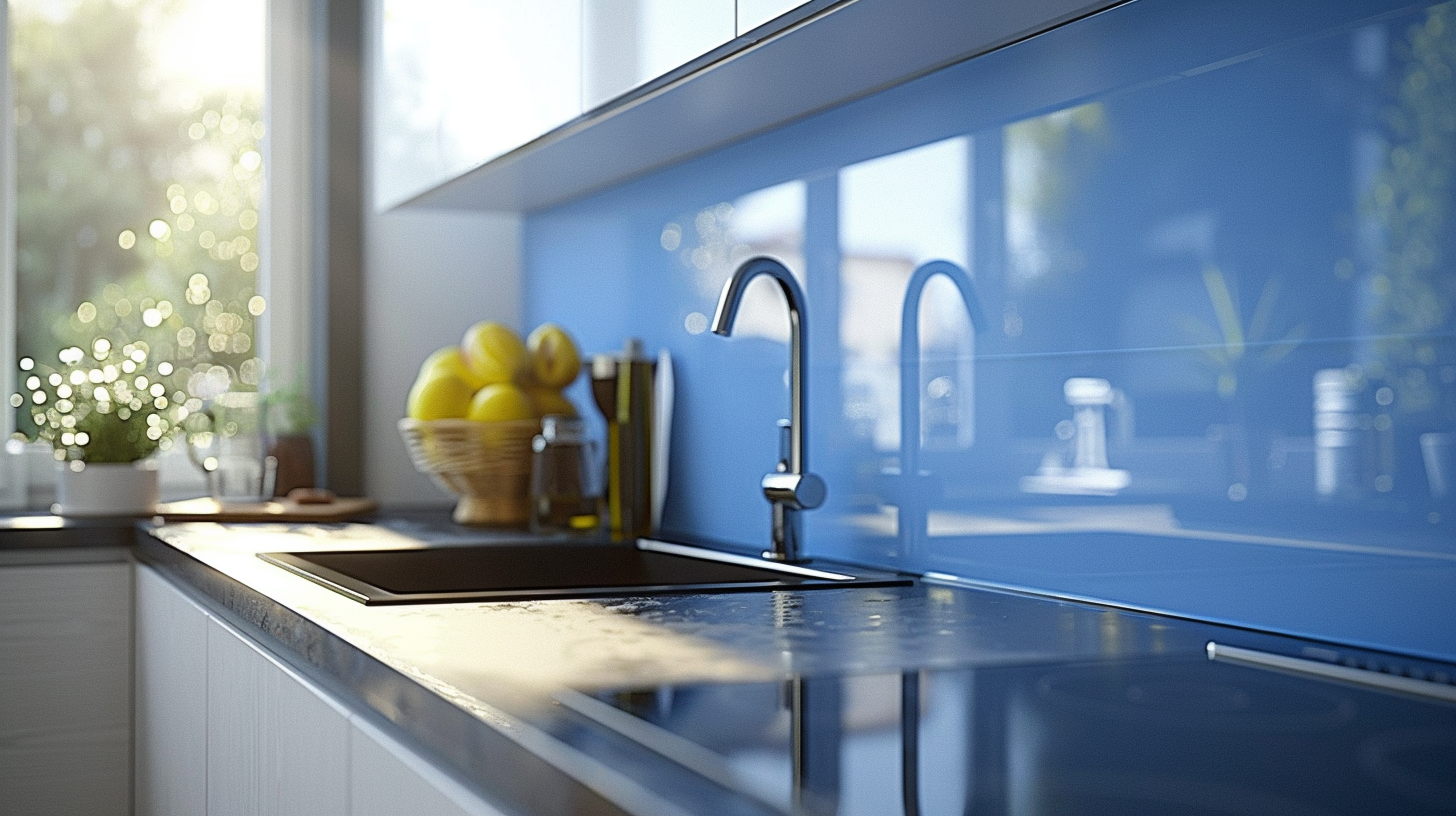 A kitchen with a sink , faucet , and blue wall.