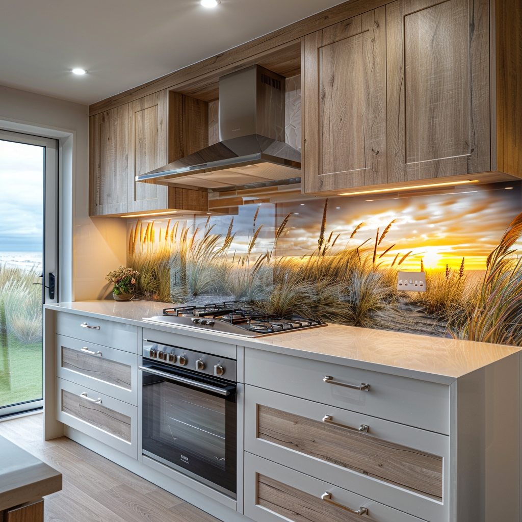 A kitchen with a stove , oven , drawers , cabinets and a painting on the wall.