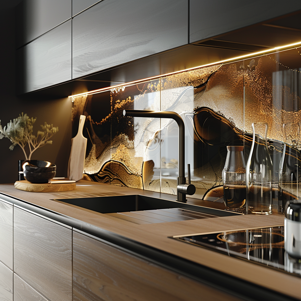 A kitchen with a sink and a stove top oven.