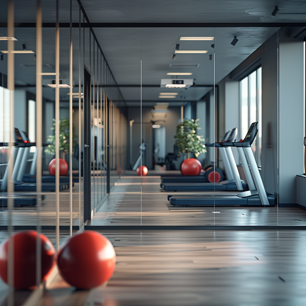 A gym with treadmills and balls in front of a large mirror.