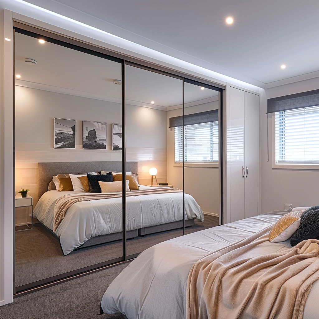A bedroom with two beds and a large mirrored wardrobe.