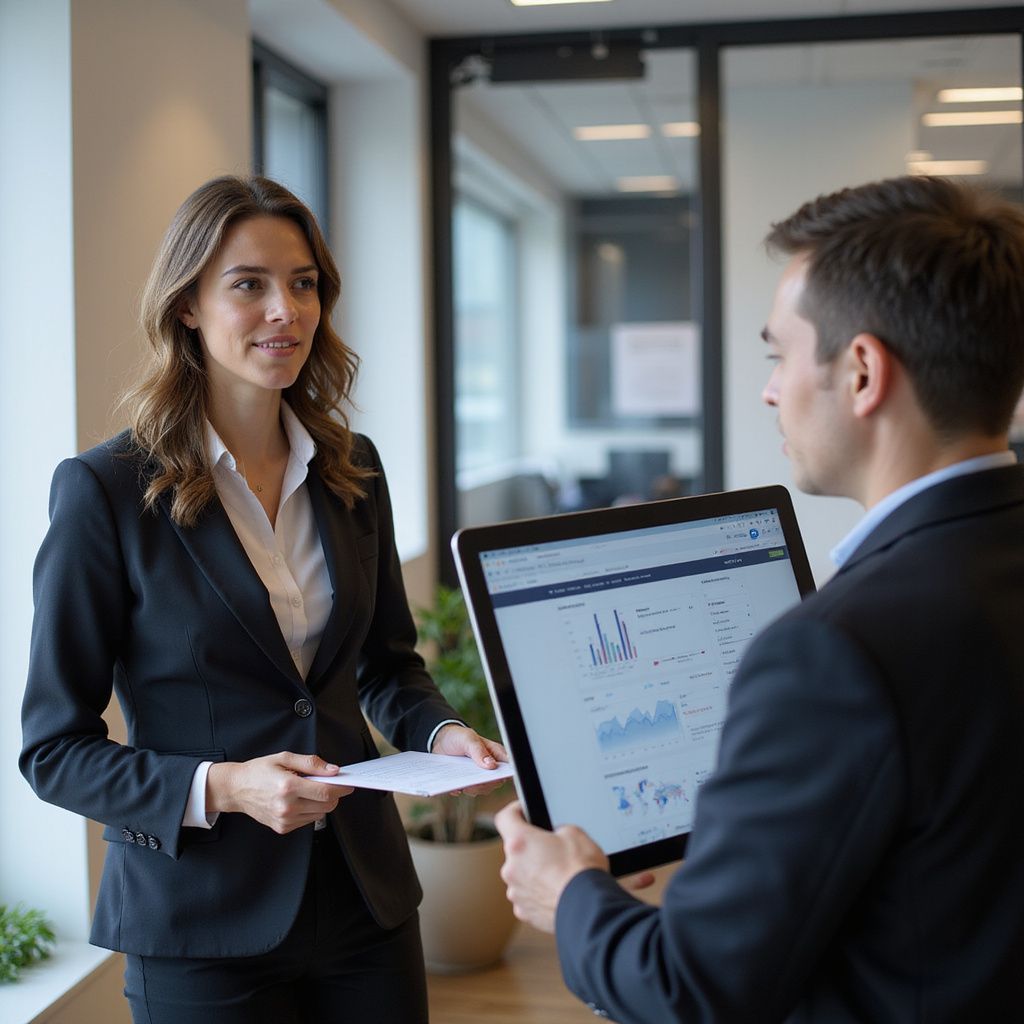 Woman and man in suits discuss paperwork and tablet in a modern office setting.
