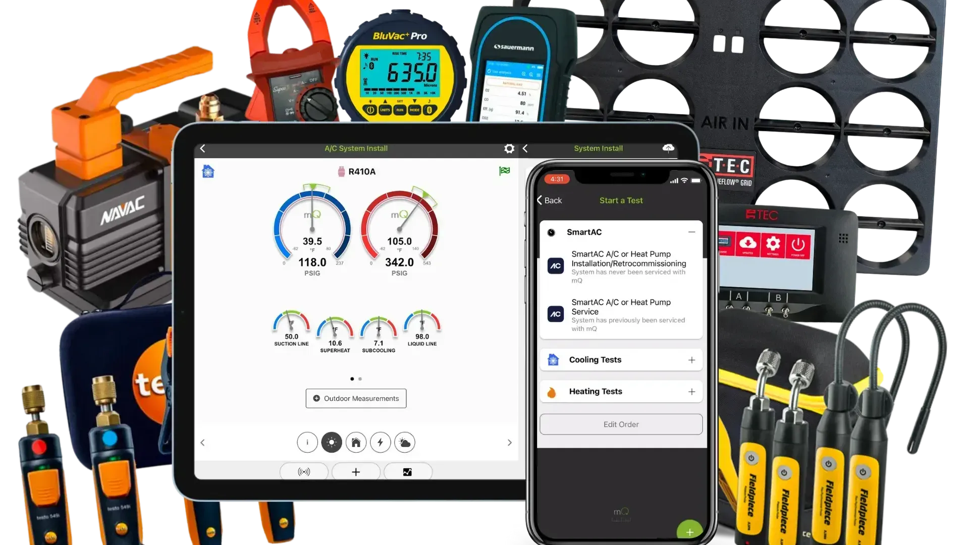 MeasureQuick-compatible HVAC diagnostic tools, including refrigerant gauges, digital vacuum pump, airflow grid, and temperature probes, used by Cole Air to provide expert heating and cooling diagnostics, retro commissioning, and system performance testing in  Lake Charles, Sulphur, Moss Bluff, Westlake, Iowa, Dequincy, Ragley, Longville, Gillis and surrounding areas.