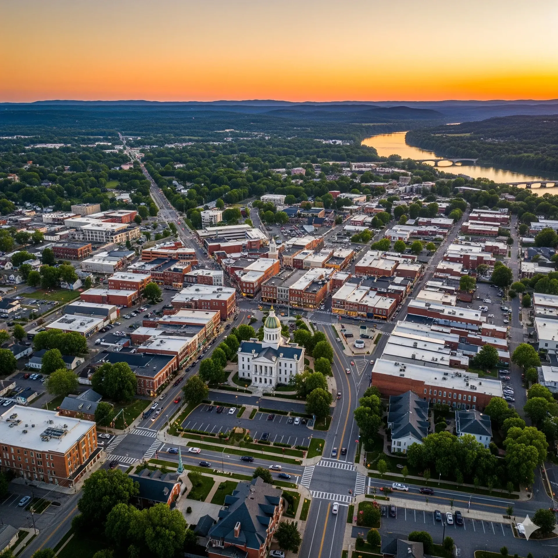 An aerial view of a small town with a lake in the background.