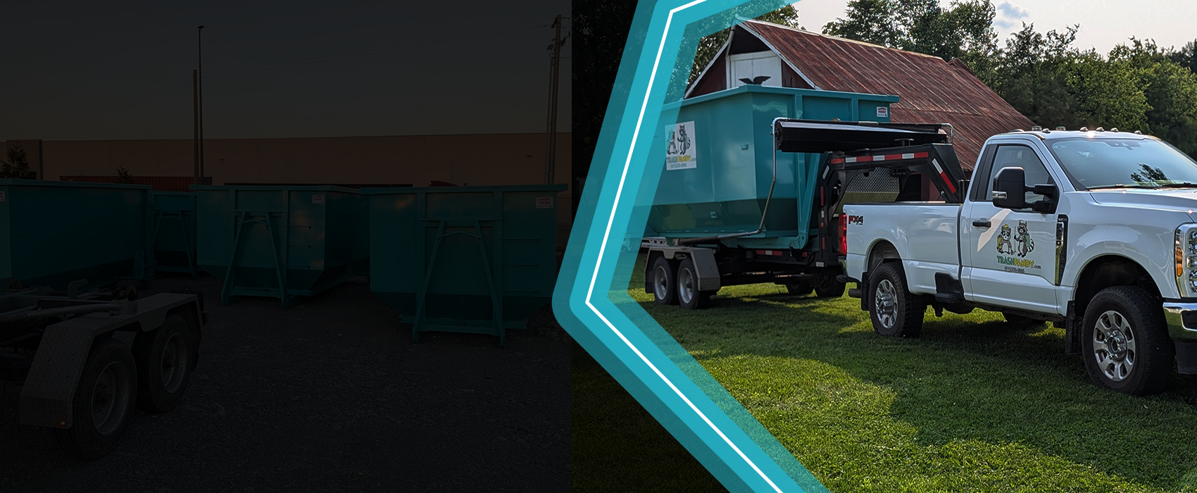 White pickup truck hauling a large blue dumpster on a trailer, parked on grass.