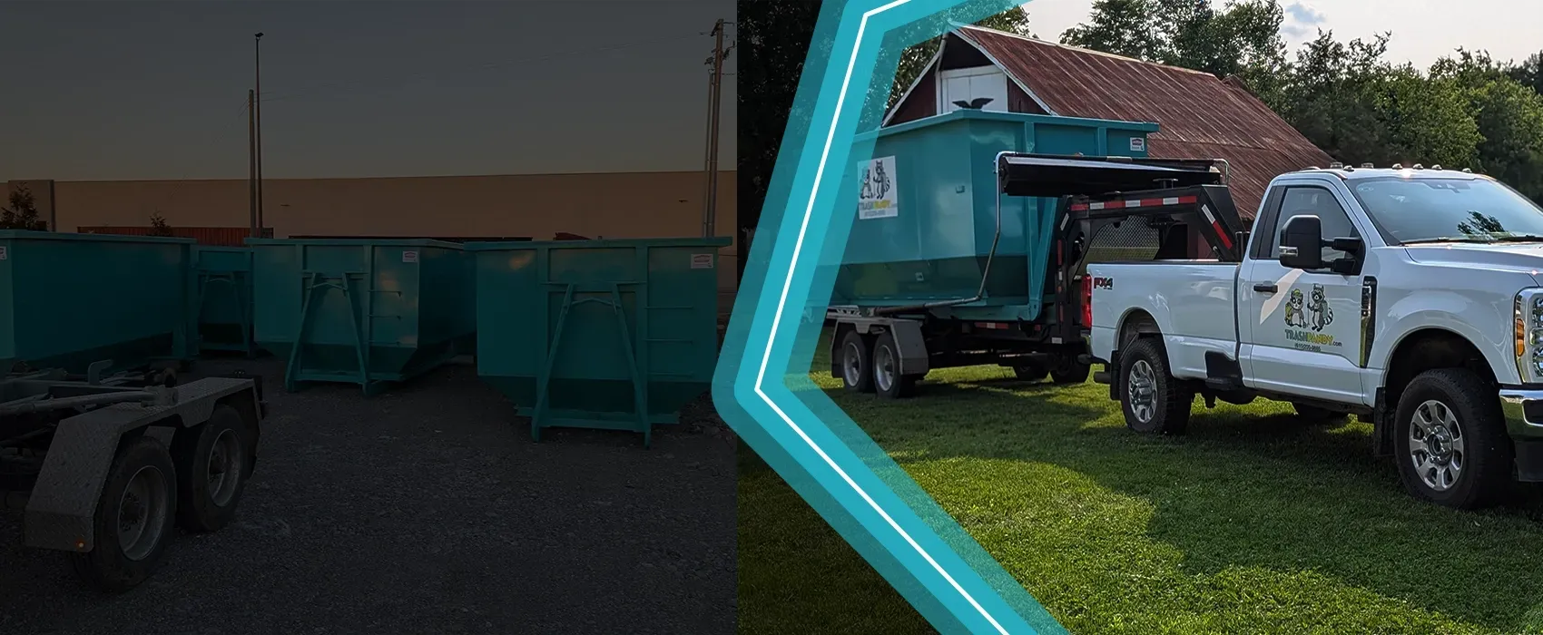 A white truck with a teal dumpster on the back, near a house and some dumpsters.