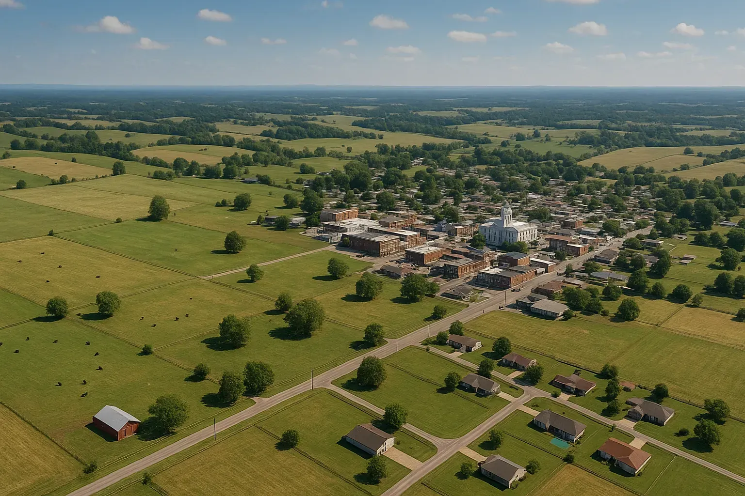 An aerial view of a city surrounded by trees and buildings.