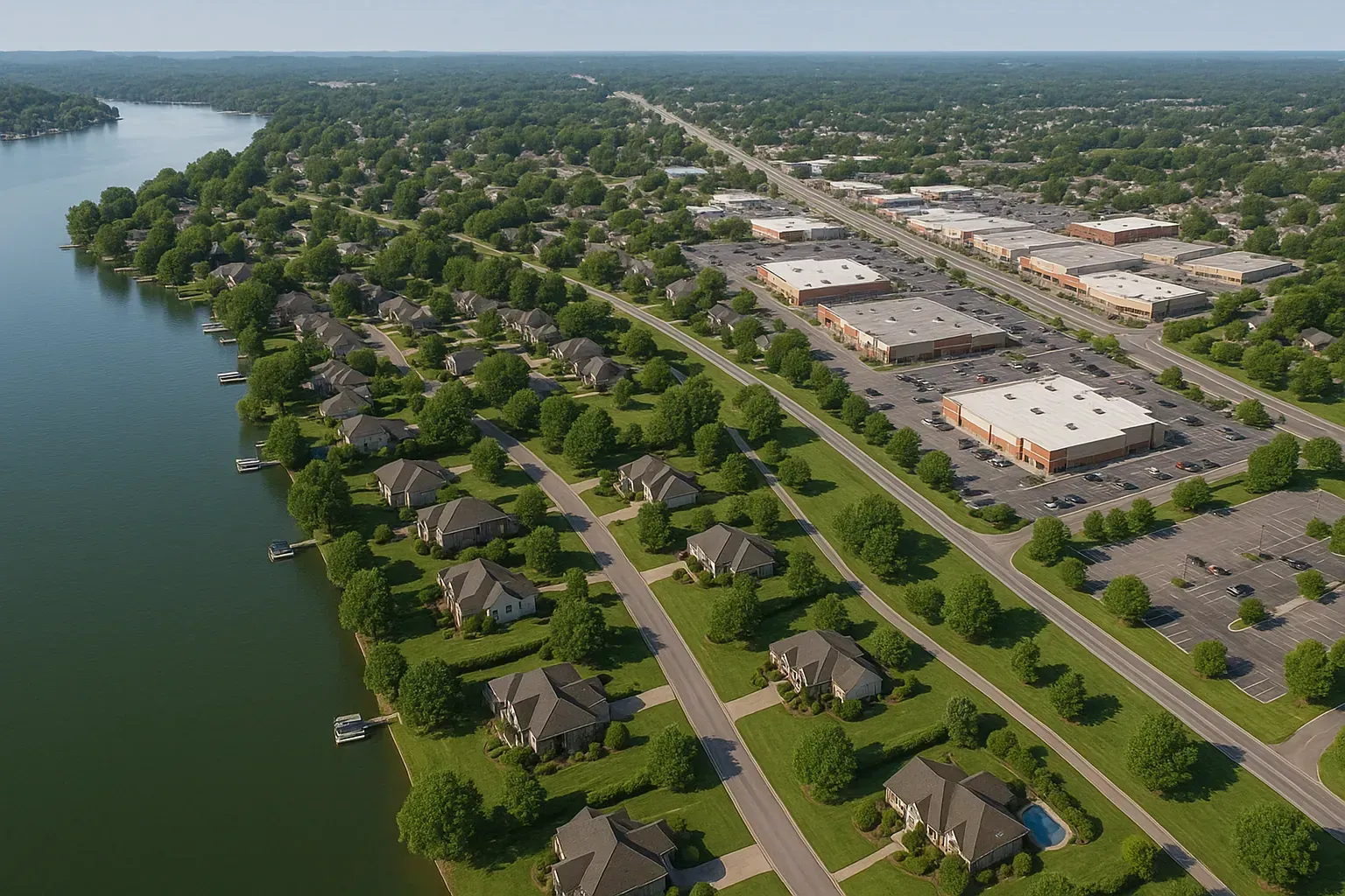 An aerial view of a small town with a lake in the background.
