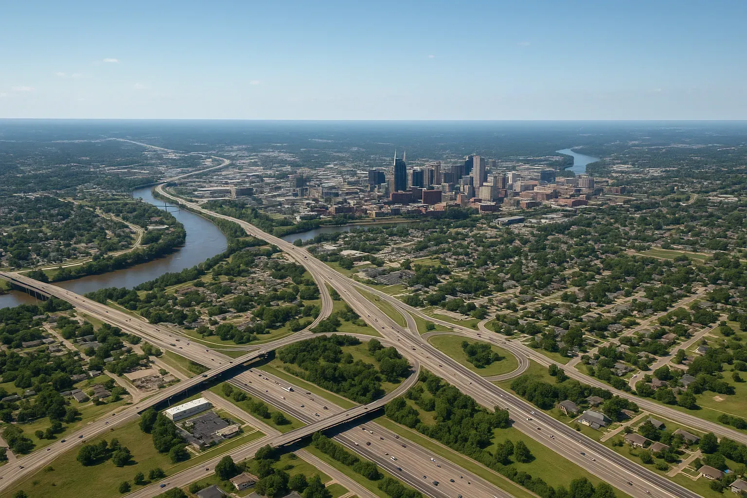 An aerial view of a residential area with a highway and a baseball field.
