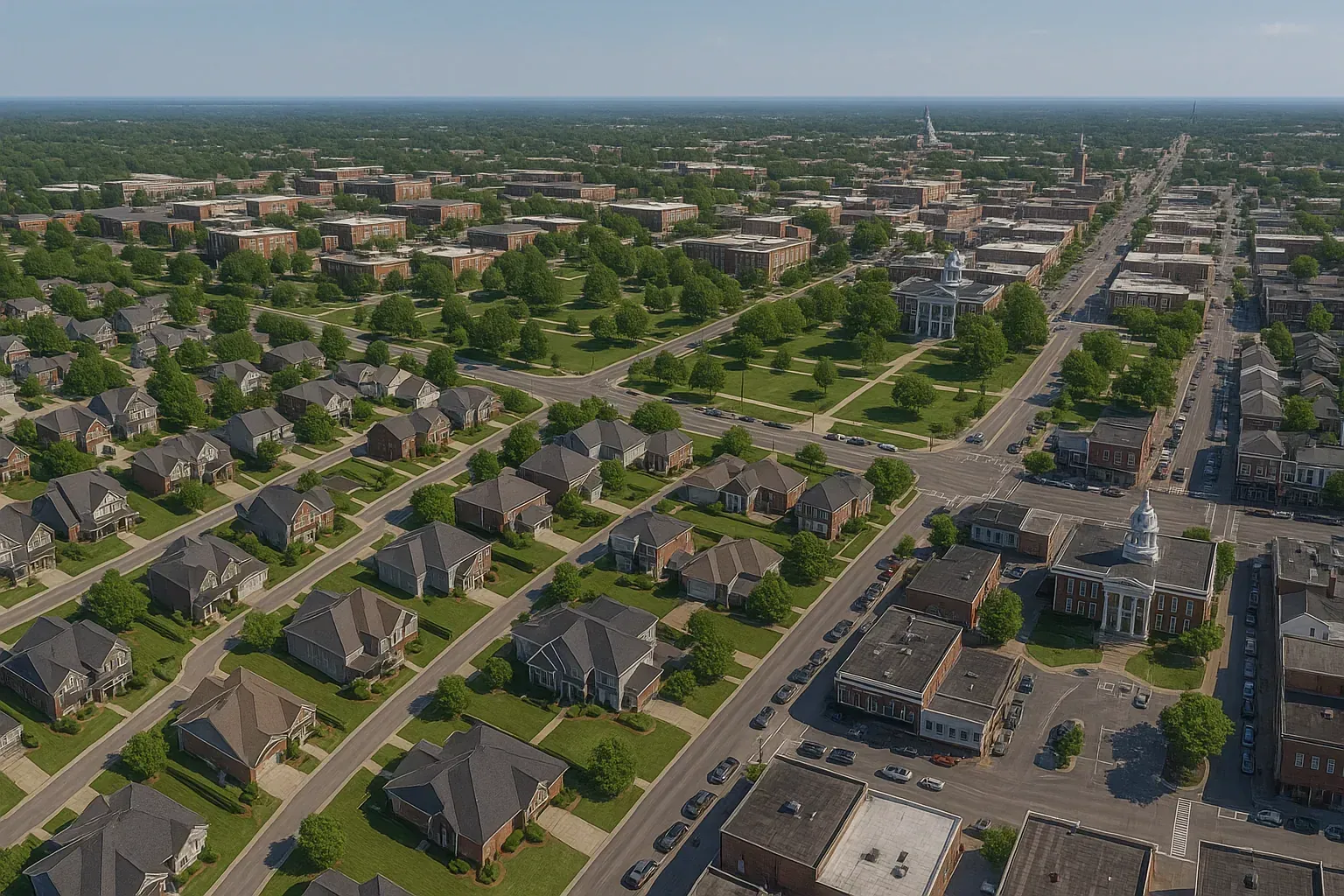 An aerial view of a small town with a lake in the background.