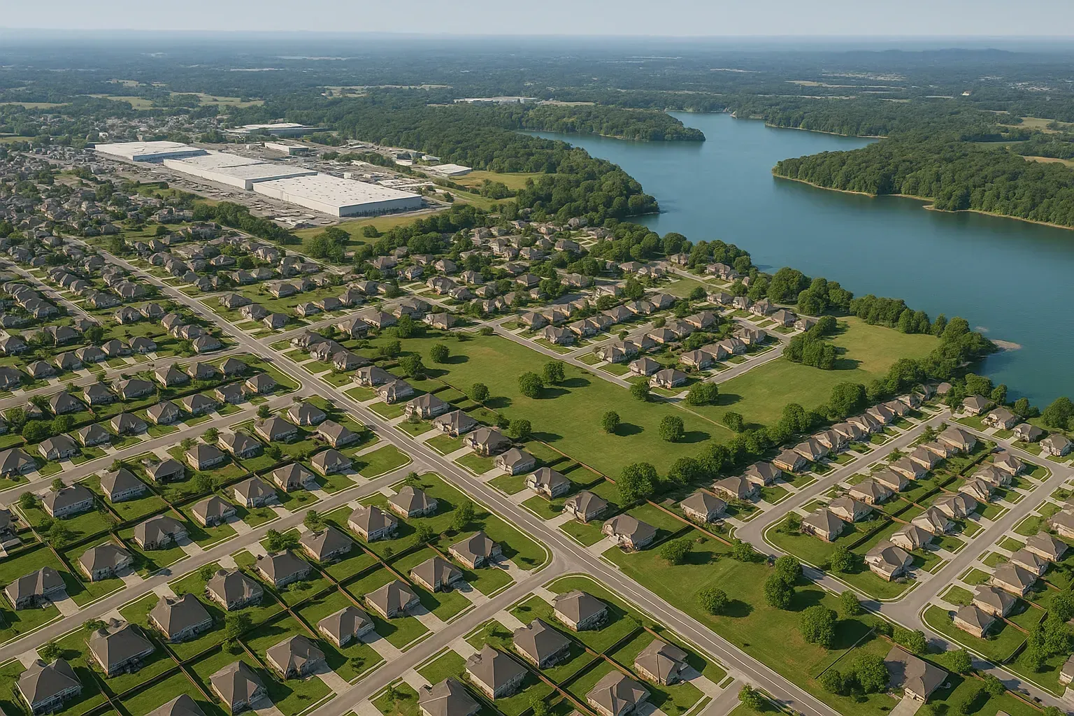 An aerial view of a small town with a lake in the background.