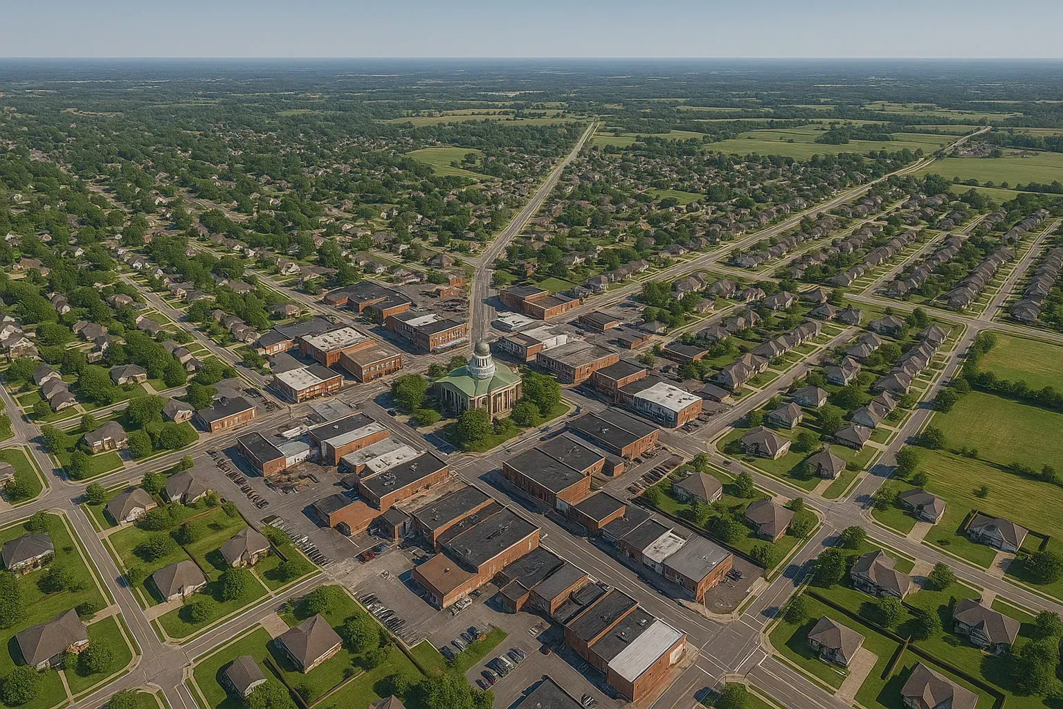 An aerial view of a small town with a lake in the background.