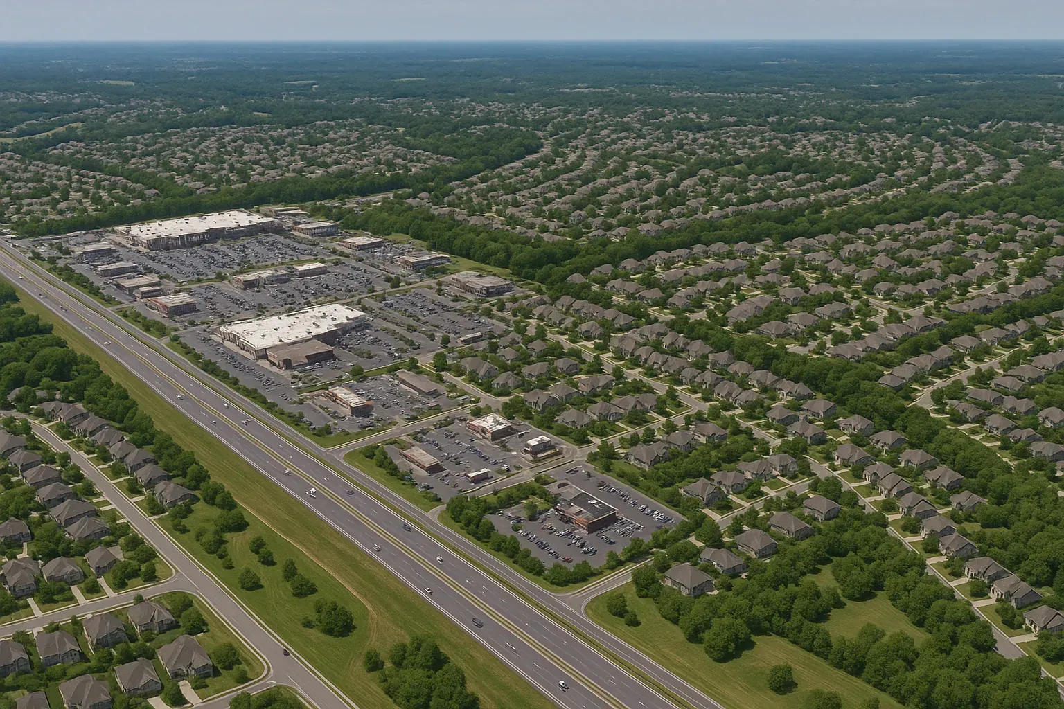 An aerial view of a small town with a lake in the background.