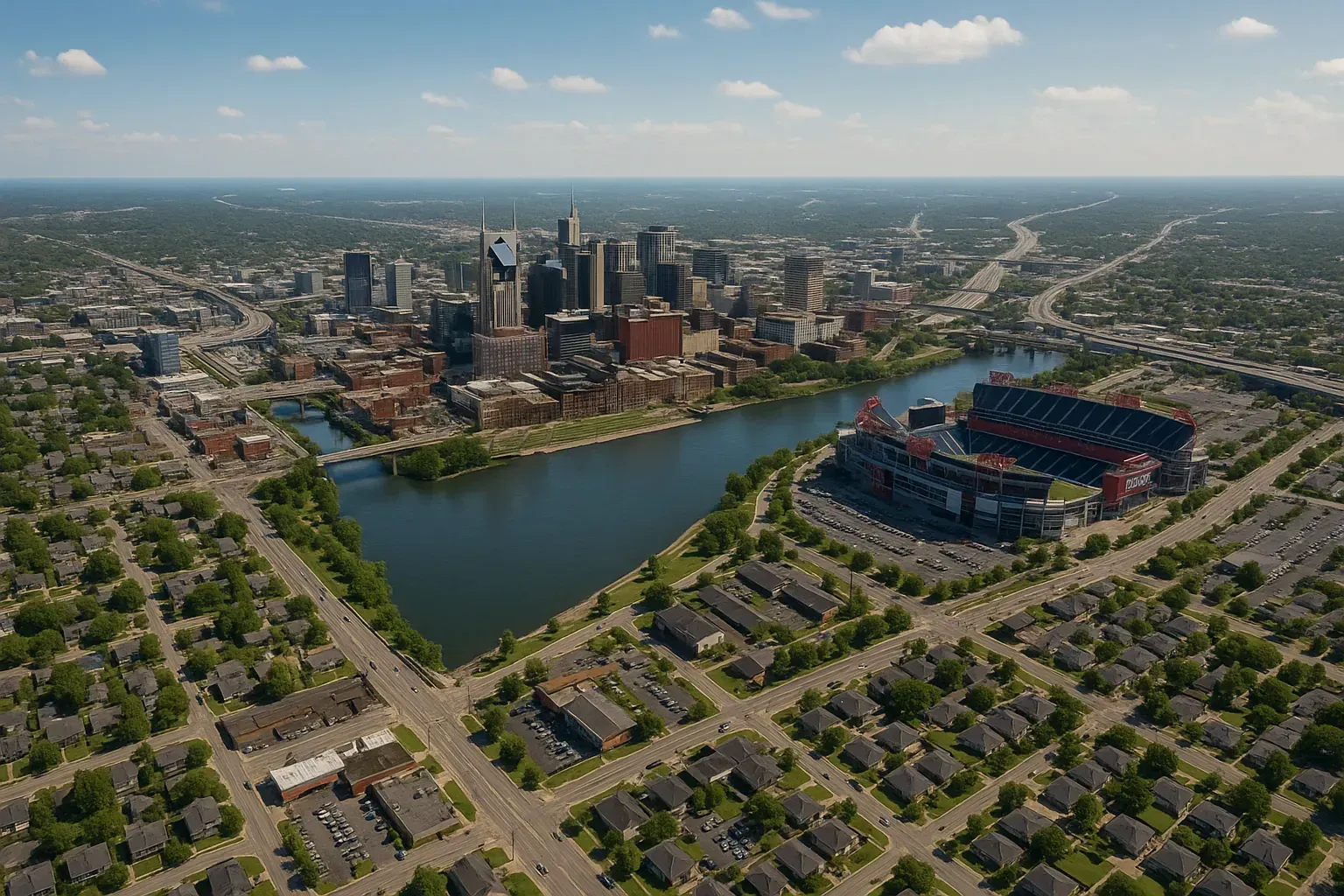 An aerial view of a small town with a lake in the background.