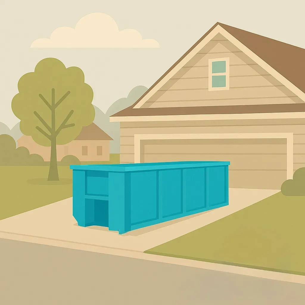 A green dumpster is parked in front of a house.