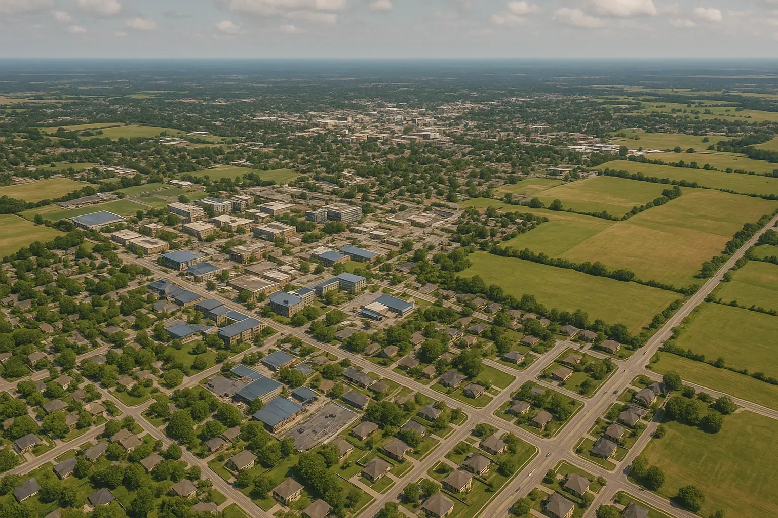 An aerial view of a river surrounded by fields and houses.