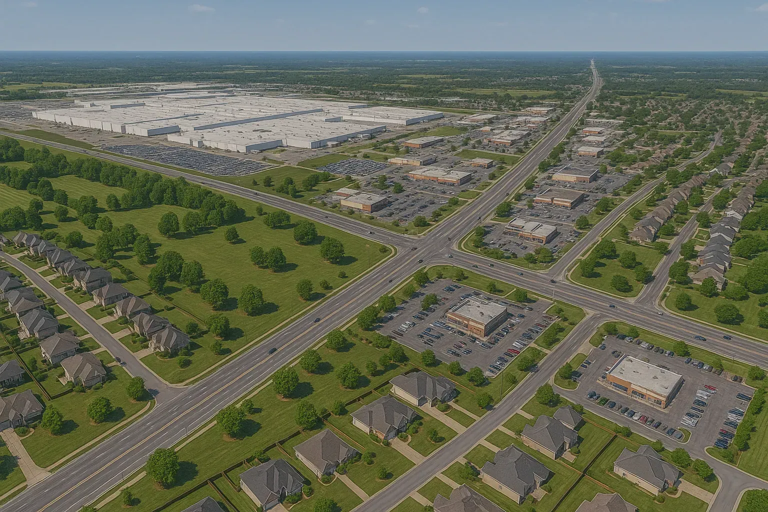 An aerial view of a small town with a lake in the background.
