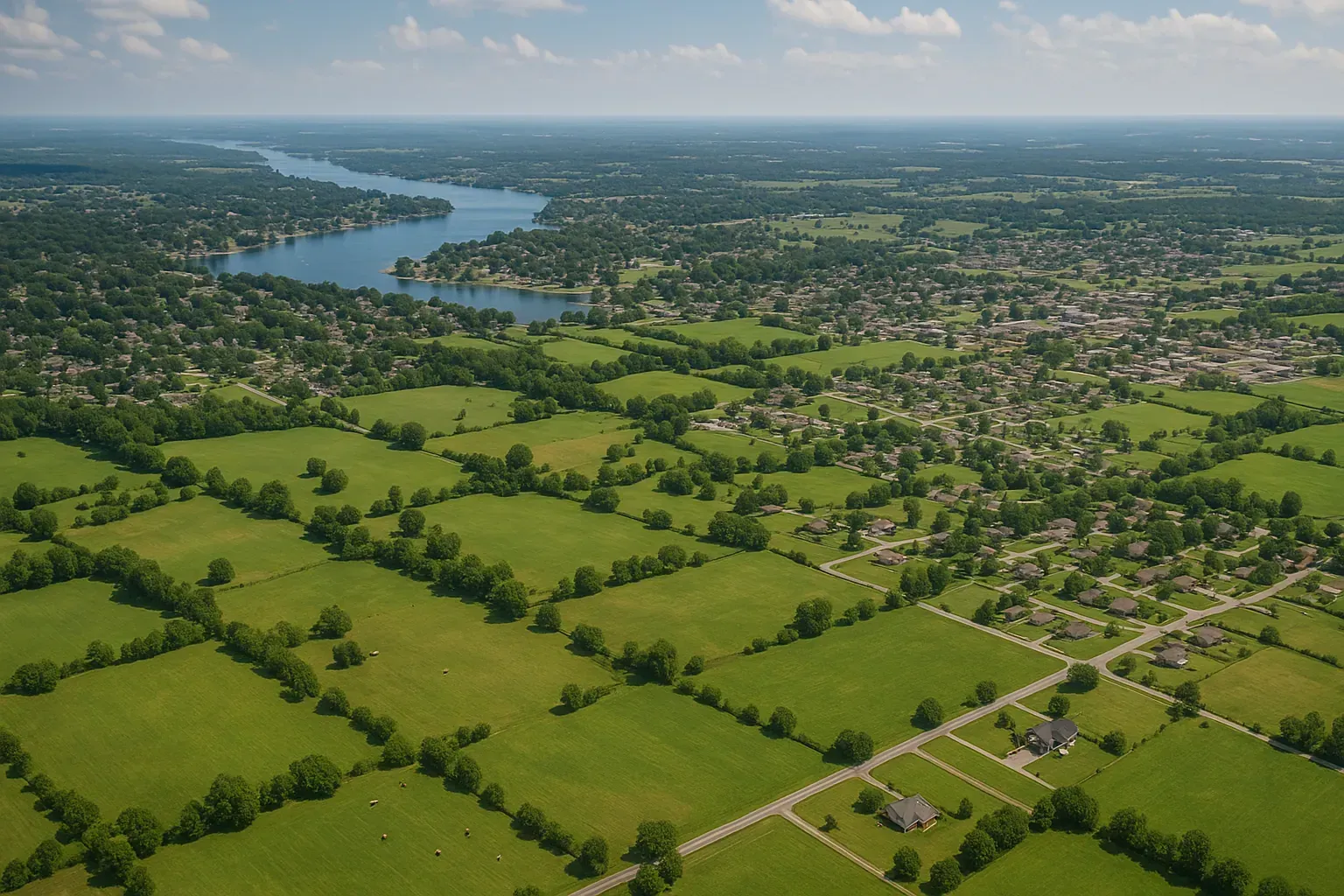 An aerial view of a residential area with a lake in the background.