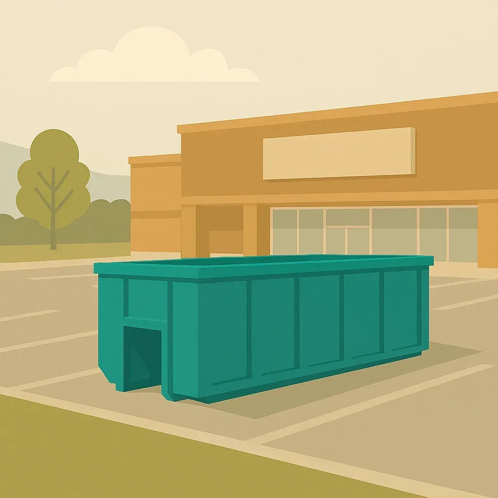 A green dumpster is parked in front of a store.