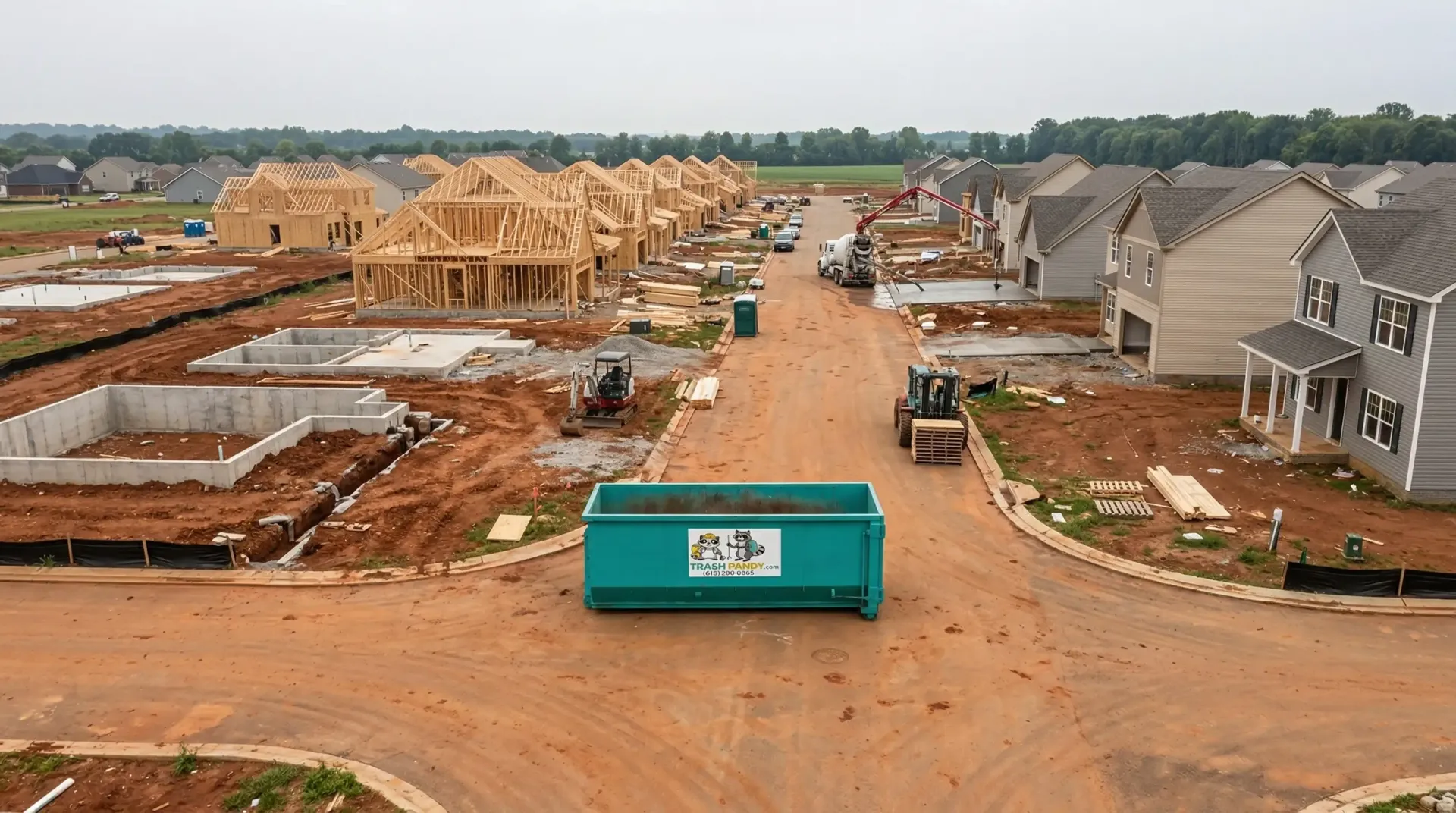 Trash Pandy construction dumpster at large job site Nashville TN