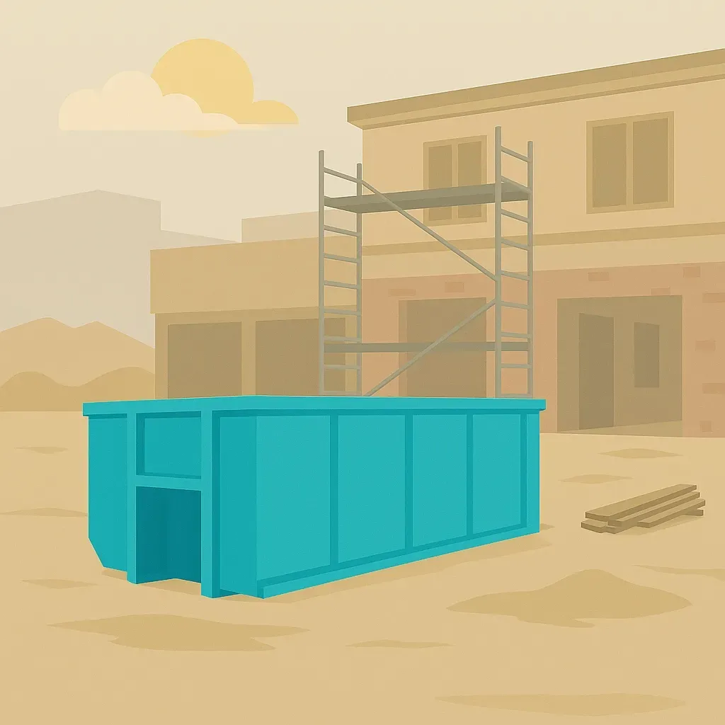 A green dumpster is sitting in front of a house under construction.
