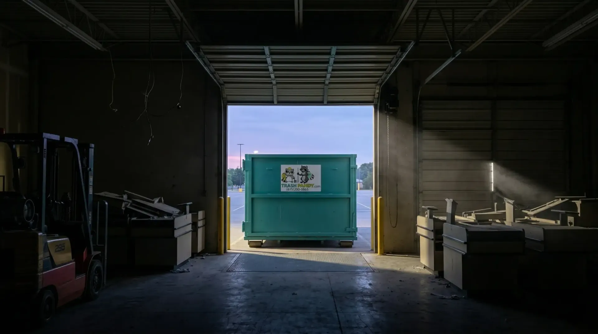 Trash Pandy dumpster rental fleet inside warehouse Smyrna Tennessee