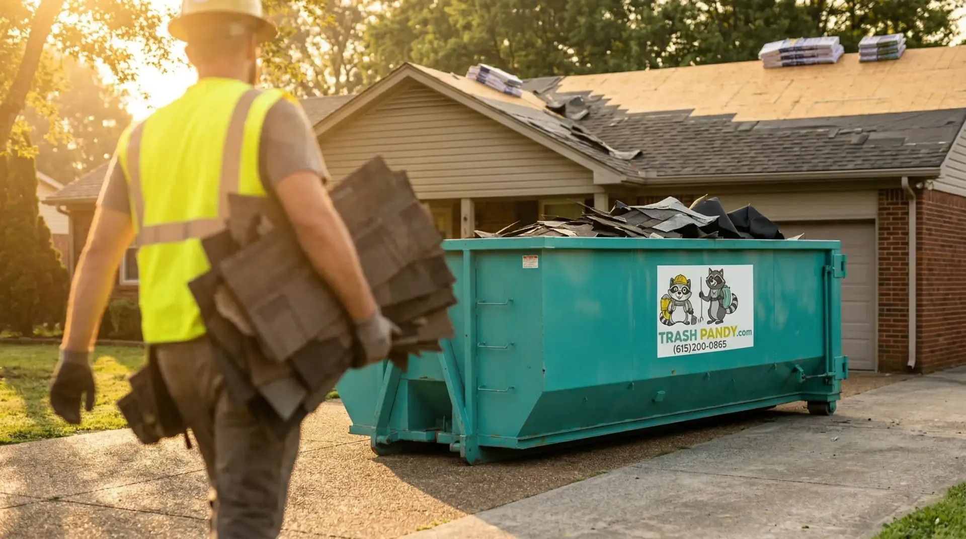 Trash Pandy team member working a roofing tear-off with a roll-off dumpster on site in Middle Tennessee