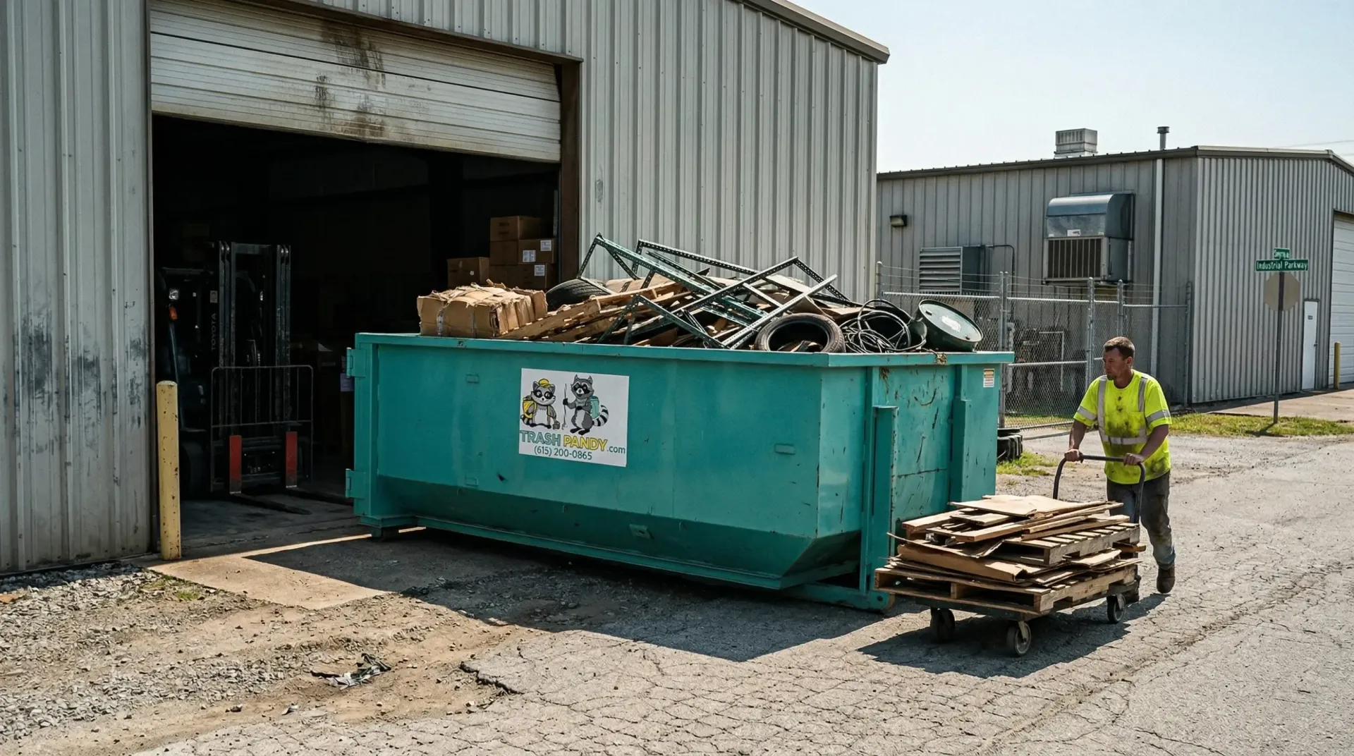 Trash Pandy roll-off dumpster loaded with scrap at job site Middle Tennessee