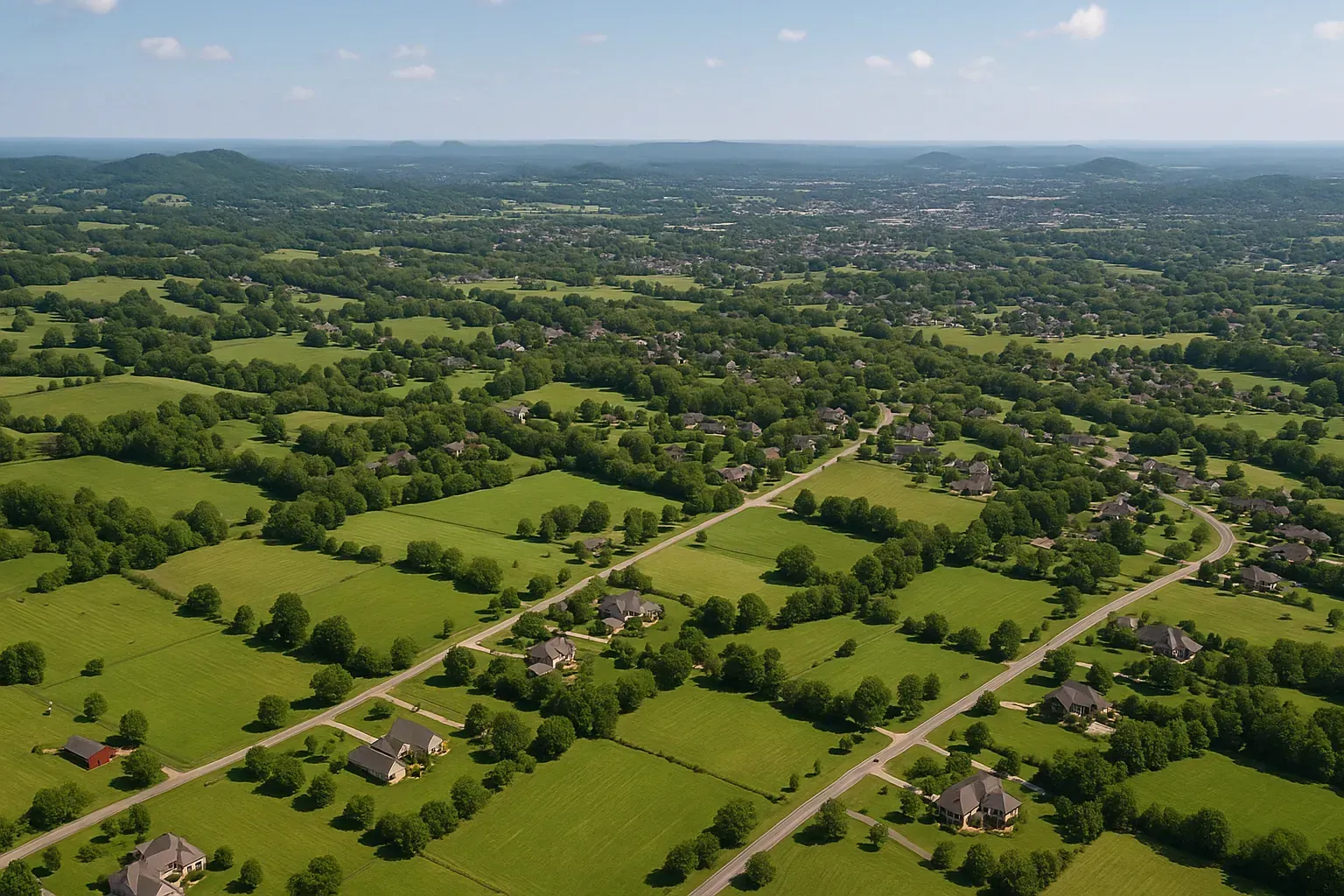 An aerial view of a residential area surrounded by trees and a lake.