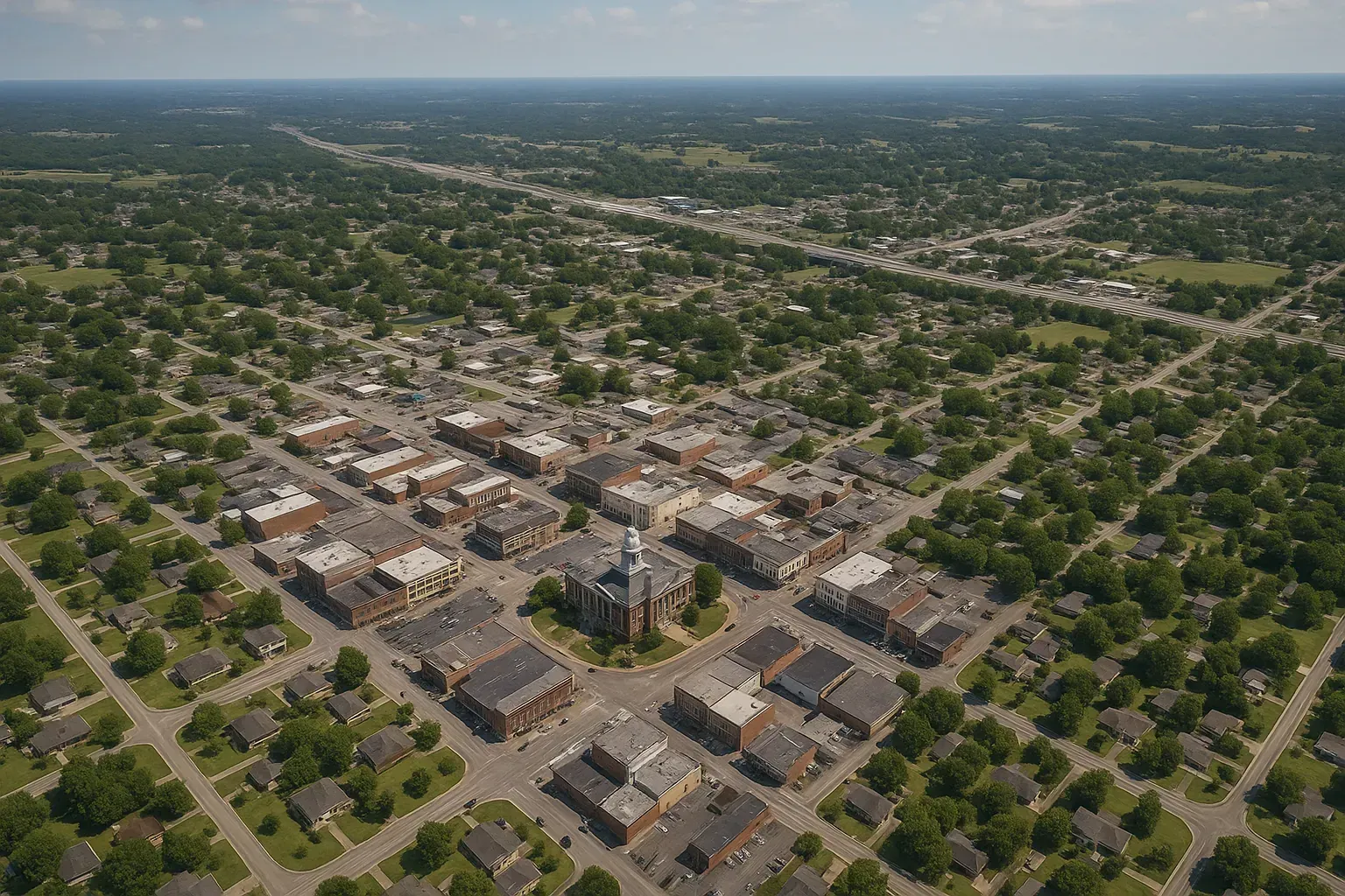 An aerial view of a city surrounded by trees and buildings.