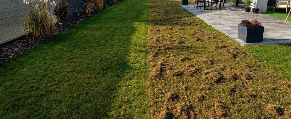 A lawn with a lot of grass and a patio in the background.