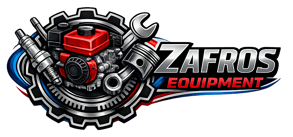Logo for Zafros Equipment: gear with engine, wrench, piston, and text