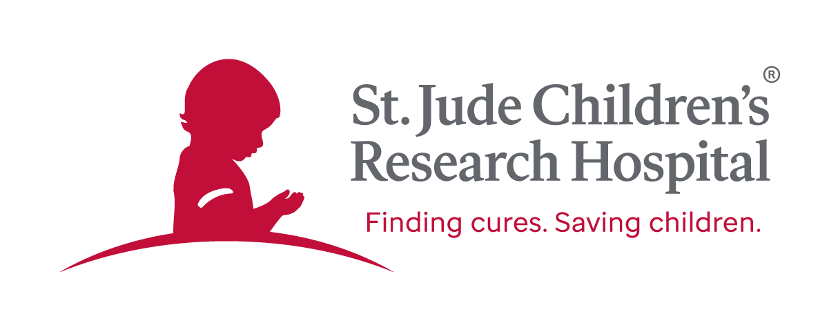 The logo for st. jude children 's research hospital shows a silhouette of a child.