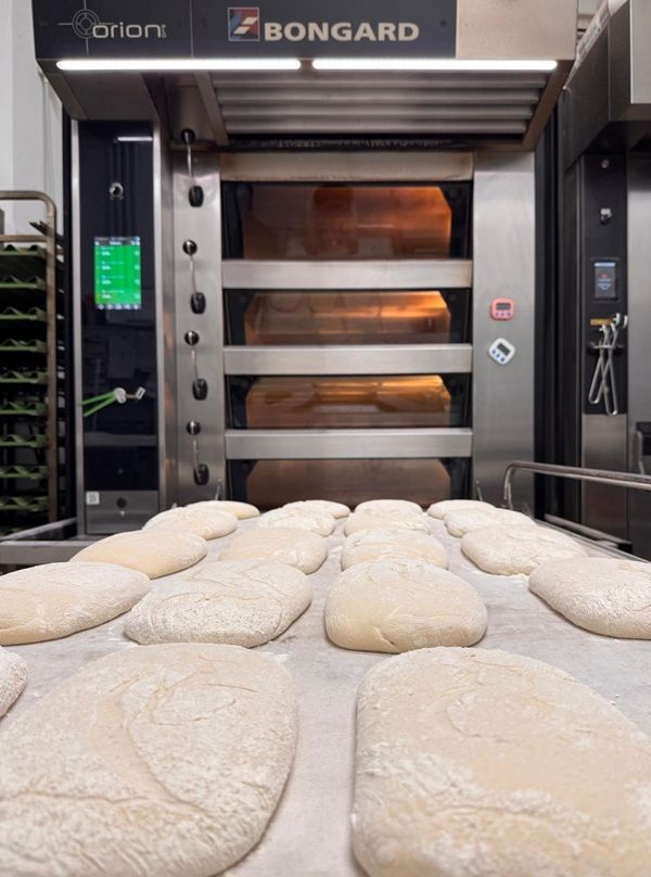 Pagnotte di pasta fresca su vassoi davanti a un forno industriale in un panificio