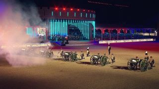 The Royal Artillary fire cannons in front of the stage at the Queen's Platinum Jubilee in 2022 