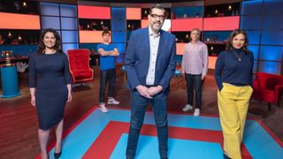 Richard Osman and guests on the set of Richard Osman's House of Games in a Glasgow TV Studio