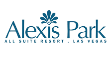 Alexis Park All Suite Resort logo, teal text with decorative icon, Las Vegas.